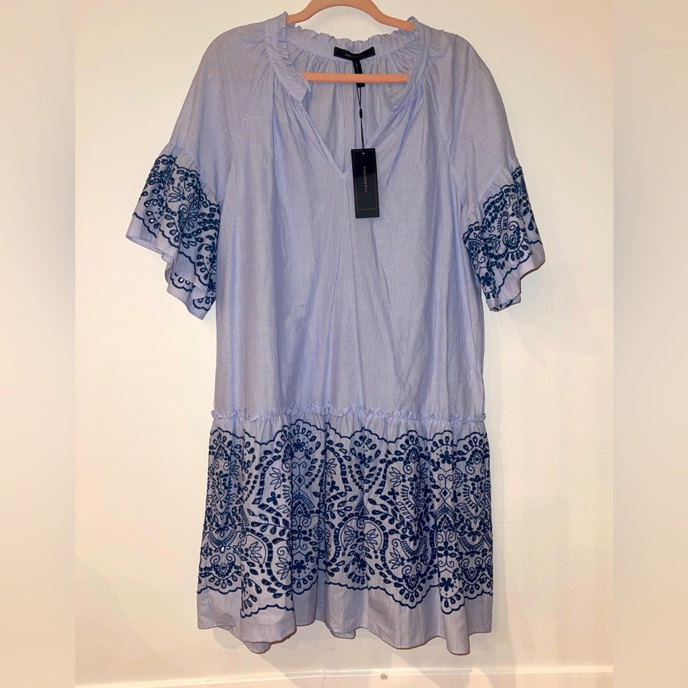 Bcbg Maxazria Blue Vertical Stripe Embroidered Eyelet Dress